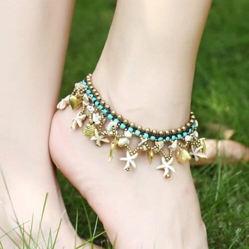 Anklet Bohemian Beach Bells Starfish Copper Accessories Hand-Woven Feet Turquoise Beads Wax Thread Chain Womens Foot Bracelet