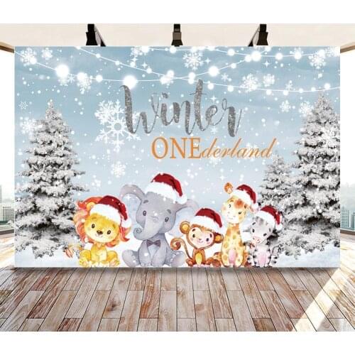 Winter Snow Forest Animals One Birthday Photography Backgrounds White Snowflakes Blue Pink Christmas Tree Backdrops For Photo