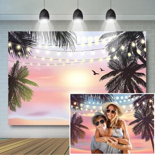 Hawaiian Pink Beach Sunset Backdrop Summer Tropical Seaside Photography Background Aloha Birthday Party Supplies