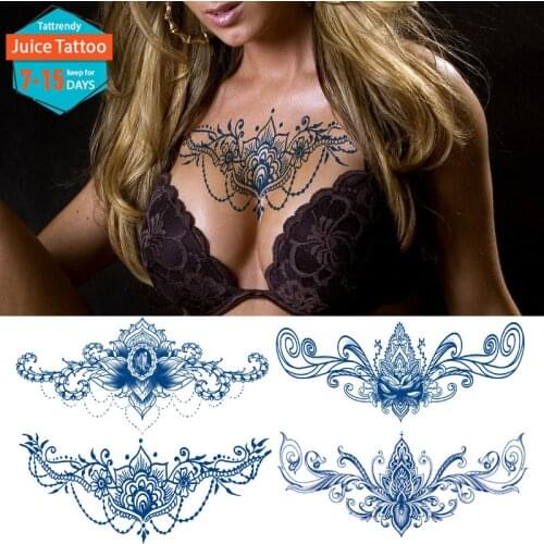 Breast Under Boob Sternum Temporary Tattoo Henna Lace Flowers Lotus Pattern Body Art Large Tattoos Juice Ink Lasting Waterproof