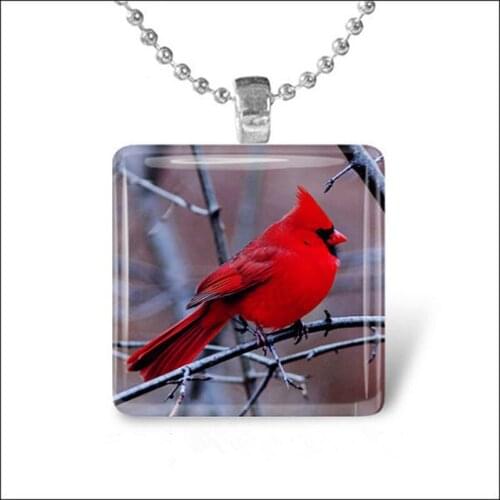 CARDINAL BIRD Red Cardinal Spring Bird Glass Tile Pendant Necklace Silver Color Jewelry
