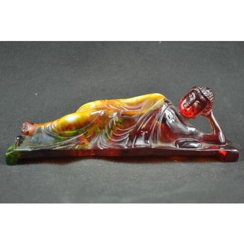 Collectibles Decorated Amber Carving Sleeping Buddha Auspicious Statue crafts home decoration
