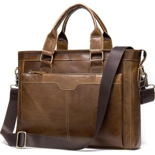 Leather Briefcases Men Mens Retro Handbag Shoulder Bag Man Business Briefcase 14 Inch Portable KUMON Laptop Briefcase