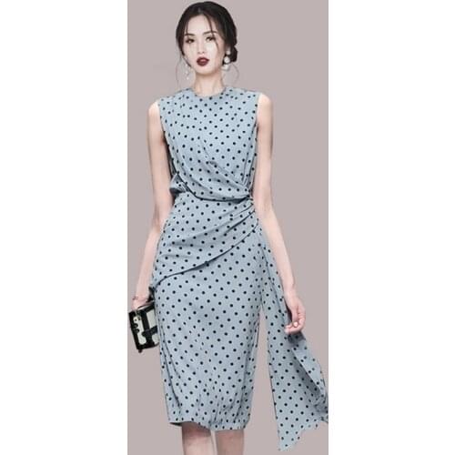 LLZACOOSH 2021 Summer Women Blue Sleeveless Polka Dot O-Neck Elegant Lace Up Slim Irregular Midi Vintage Bodycon Dress Vestidos