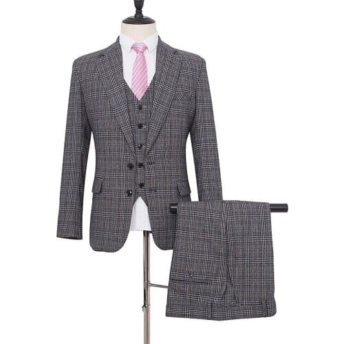Custom Mens Suit Jacket Winter Woollen Smart Casual Plaid V-Neck Single Breasted Slim-Fit Cocktail Party Wedding 3Pieces Suit