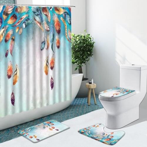 Creative Colorful Feathers Bathroom Set Shower Curtain Non-Slip Rugs Flannel Toilet Cover Bath Mat Indoor Home Decor Washable