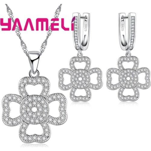 Elegant Design Best Birthday Gift Flower Shape Zircon Jewelry Sets 925 Sterling Silver Necklace Pendant Drop Earring