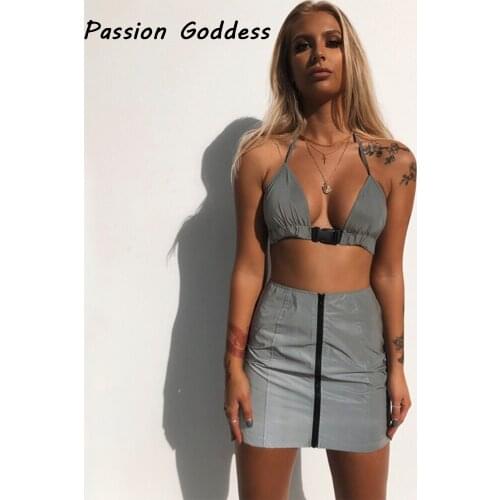 New 2 Piece Womens Reflective Outfits Skirts Matching Set Bling Luminous Halter Buckle Cropped Tops Loose Harem Pants Sweatsuit