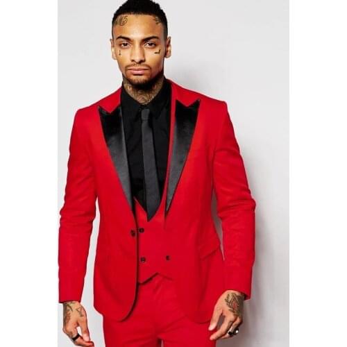 New Fashion Slim Fit Men Suit Red Peak Lapel Bridegroom Best Man Evening Tuxedo 3 Piece(Blazer+Pant+Vest)Wedding For Man Sui