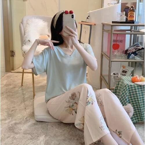 Cotton Spring Summer Women 2021 Pijamas Set Floral Printed V Neck Wide-leg Pants Pajamas Colorful Comfortable Loose Loungewear
