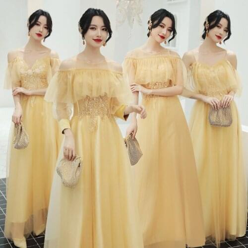 Bridesmaids Dresses Illusion Off The Shoulder A-Line O-Neck Embroidery Sequined Tulle Floor-Length Women Wedding Party Gown E377