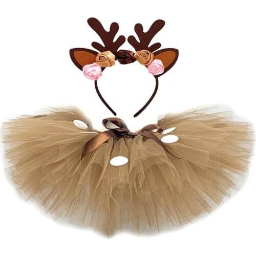 Fluffy Brown Deer Girls Tutu Skirt Baby Christmas Costume Kid Reindeer Tulle Skirt for Halloween Purim Children Outfit 1-14 Year