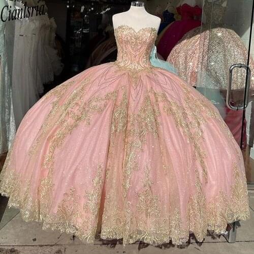 Pink Princess Quinceanera Dresses With Gold lace puffy skirt Sweetheart Tulle Vintage Lace Applique Sweet 16 Dress