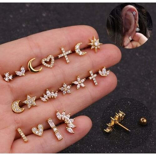 1Piece Stainless Steel Stud Earrings For Women For Teens Ear Cuffs 2021 Trendy Jewelry Moon Star Heart 1.2mm Piercing Earring