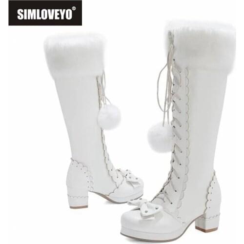 SIMLOVEYO Lolita High Boots Winter Warm Fur Neck Girls Cosplay Party Princess Shoes Lace Up Bowtie Chunky Heel Side Zipper PU