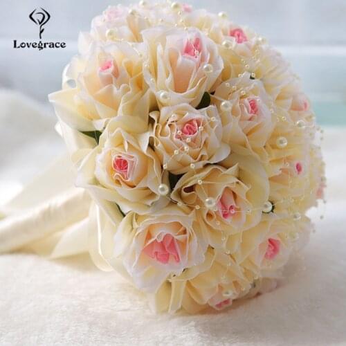 Wedding Bridal Bouquet Holder Silk Artificial Roses Pink Wedding Bouquet for Bridesmaids Mariage Pearl Decor Silk Flower Bouquet