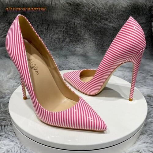 Sexy striped dress shoes spring and summer new pointed toe stiletto banquet high heels womens single shoes