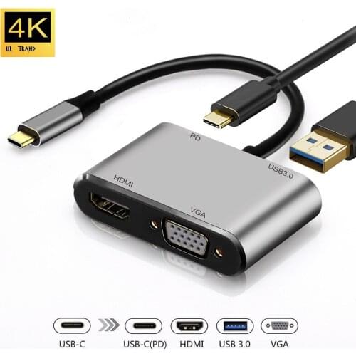 USB C a HDMI and VGA, 4 de 1 Hub Tipo C to VGA HDMI 4K UHD USB and PD, USB C adapter for MacBook Chromebook smartphones