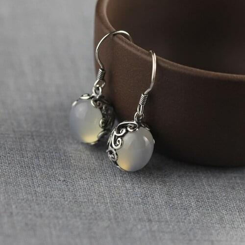 Handmade Real 925 Sterling Silver Jewelry Natural Stone Earrings for Women White Garnet and Retro Beautiful Earrings