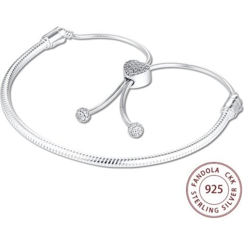 Moments Bracelet Femme 925 Sterling Silver Pave Heart Clasp Snake Chain Slider Charm Bracelets for Women DIY Jewelry Making