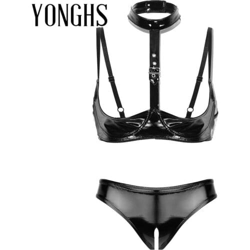 Womens Erotic Lingerie Set Leather Wet Look Open Cups Shelf Hot Sexy Bra Top with Open Crotch Briefs Panties Sexy Underwear Set