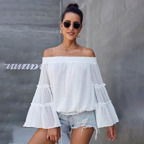 2021 Sexy Slash Neck Women Long Sleeve Tops Spring Summer Fashion Solid Ruffle Patchwork Loose Woman Flare Sleeve Chiffon Top