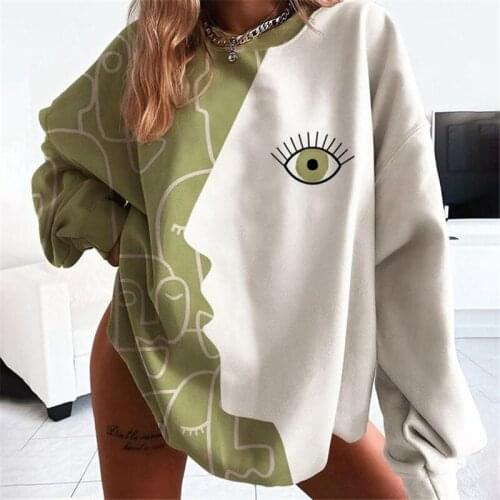Green eyes print stitching sweater women retro oversized round neck loose long-sleeved fashion pullover British style