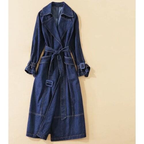New HIGH QUALITY 2021 Designer Runway Womens Notched Neck Long sleeve Pockets Sashes Denim Long coat