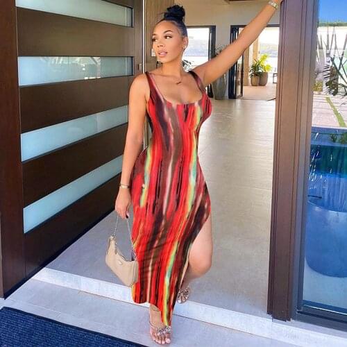 Tie Dyeing Print Summer Tank Party Dress Women Low Neck Sleeveless Midnight Club Dresses Sexy Side High Split Bandage Vestidos