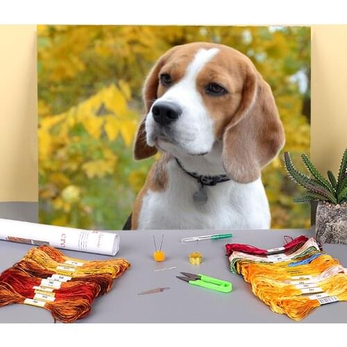 Animal Dog Beagle Printed Water-Soluble Canvas 11CT Cross-Stitch Set Embroidery DMC Threads Craft Knitting Needlework Design