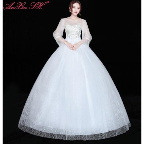 AXJFU vintage princess flower lace white wedding dress luxury party o neck illusion half lantern sleeve white wedding dress