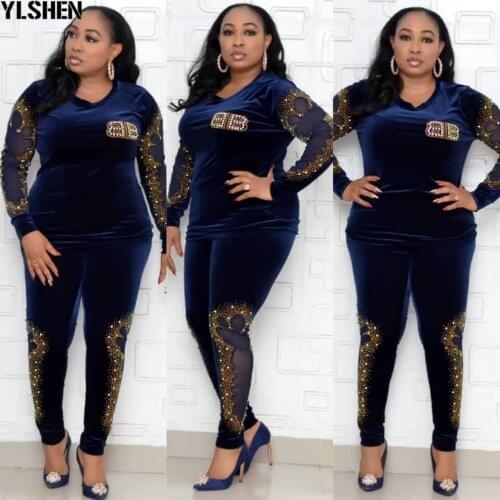 Velvet Two Piece Set Africa Clothes African New Dashiki Fashion Flowers Suit Top Trousers Super Elastic Party For Women Outfits