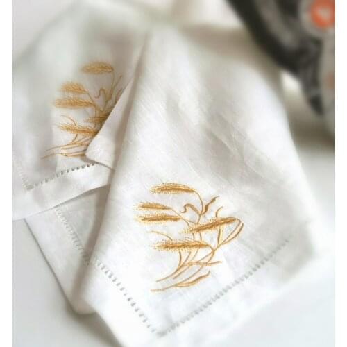 [Camellia Casa] Pure Linen Hemstitched Napkin Placemat, Off White,Table Decor Home Airbnb, Spikelets Wheat Embroidery