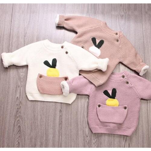 Knitted Baby Sweater Girls Coat Winter Newborn Baby Boys Sweaters Thick Fleece Kids Jacket Pocket Toddler Cardiagn Velvet Warm