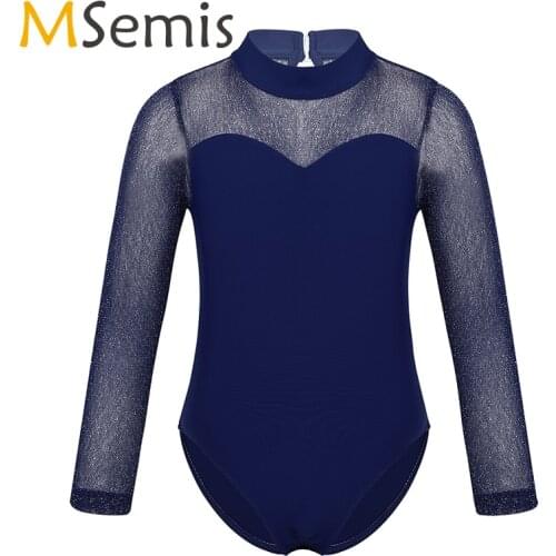 Kids Girls dance leotard Ballet Gymnastics Leotard Shiny Tulle Long Sleeves Mock Neck Sweetheart Chest Keyhole Back Jumpsuit