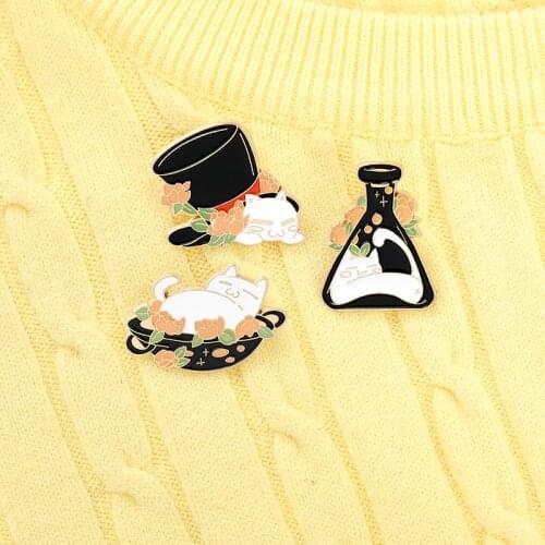 Cartoon White Cat Enamel Pin Custom Potion Witcher Punk Bottle Brooch Bag Clothes Lapel Pin Badge Animal Jewelry Gift for Friend