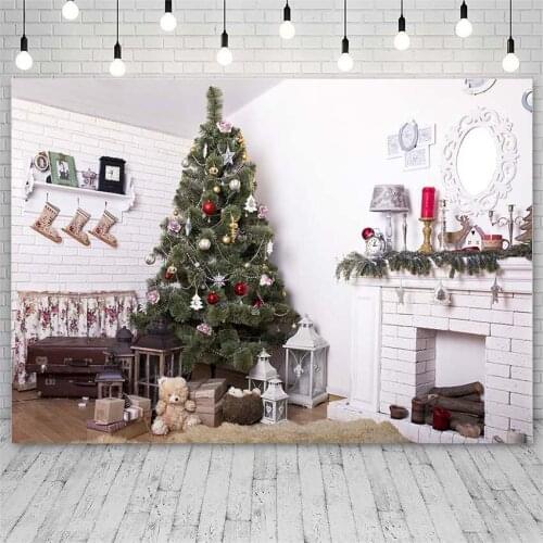 Avezano Merry Christmas Tree Backdrop Winter Fireplace Gift Socks Teddy Bear Decoration Photographic Background For Photo Studio