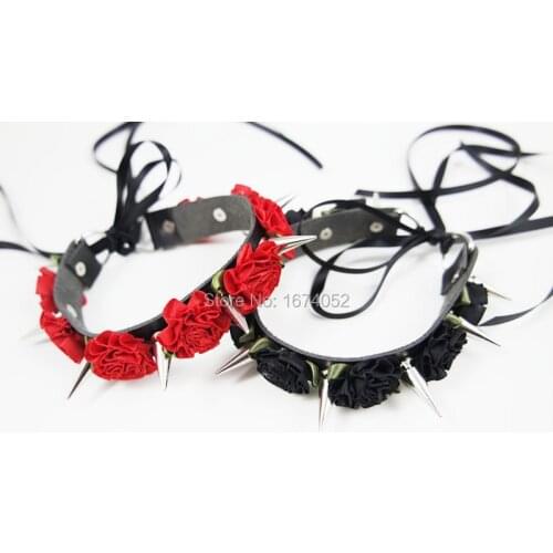 Lolita Harajuku Punk Choker 100% Handcrafted Leather Flower Long Spikes Lace Ribbon Collar Necklace