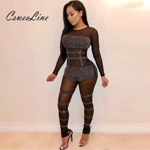 Fashion Rhinestone Pattern See Through Mesh Jumpsuit Nightclub Long Sleeve Black Sexy Patchwork Overalls Rompers Womens Jumpsuit