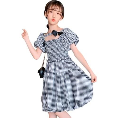 Summer Dress For Girls Plaid Pattern Dresses For Girl 2021 Newest Dress Kids Casual Style Costume For Girls 6 8 10 12 14