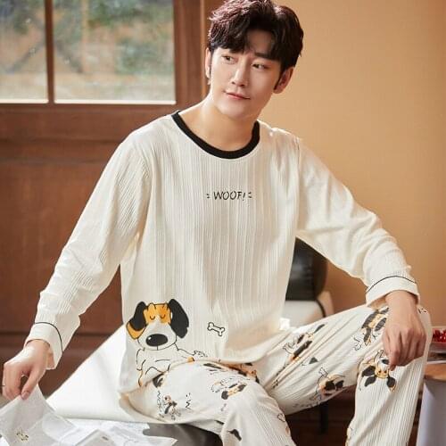 Men Autumn Winter Cotton Elastic Waist Trousers Pajamas Set Long Sleeve Plus Size Sleepwear Cute Puppy Men Cartoon Home Suits