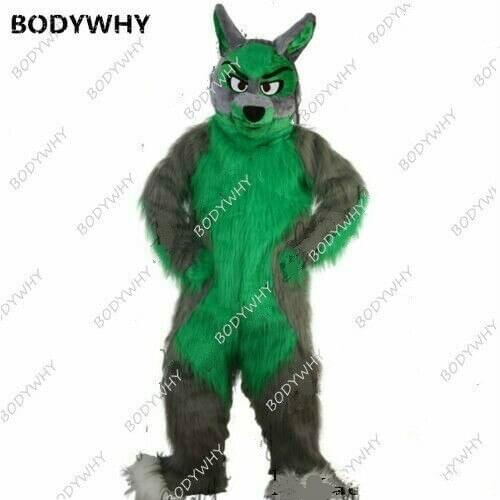 Cute Newly Green Long Fur Wolf Mascot Costume Fursuit Animal Cosplay Animal Dress Parade Adults