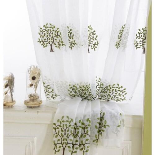 Green Nature Tree Embroidered White yarn Solid Window Screen Pure Fashion Curtain for Bar Kitchen Cabinet Door Childrens Room