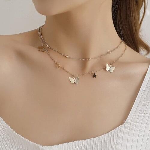 Chic Fashion Cute Star Butterfly Pendant Choker Necklace Women Double Layer Geometric Beads Chains Clavicle Necklace Jewelry