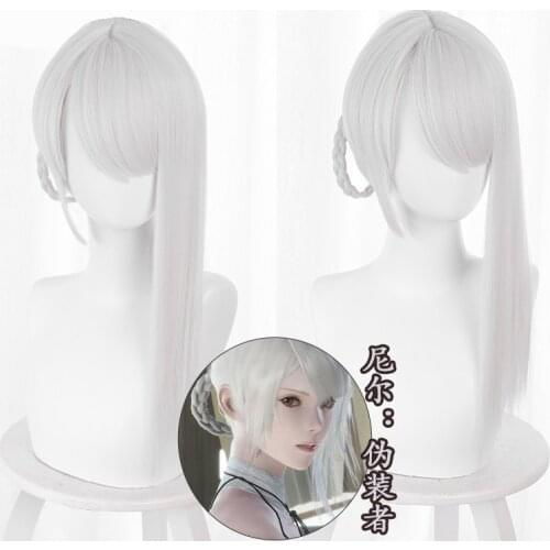 NieR RepliCant NieR Kaine Cosplay Wig Sliver White Braided Wigs with Bangs Synthetic Hair Heat Resistant with Free Cap