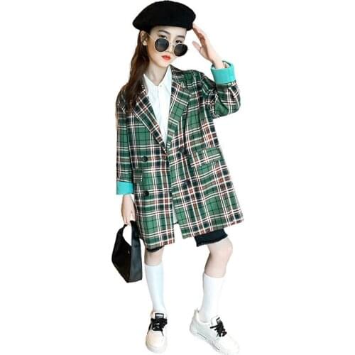 Teenage Girls Vintage Green Plaid Fashion Casual Suit Coat Children Back To School Suits Blazers Jacket Teen Outerwear