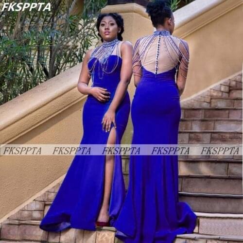 2021 Royal Blue Mermaid Formal Bridesmaid Dresses Beading Sheer Back High Slit African Maids Of Honor Party Gowns Custom Made
