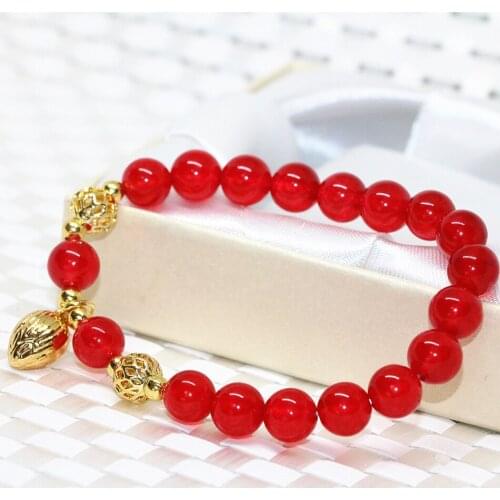 High grade 8mm red natural stone jades chalcedony round beads bracelet gold-color accessories gifts jewelry making 7.5inch B2052