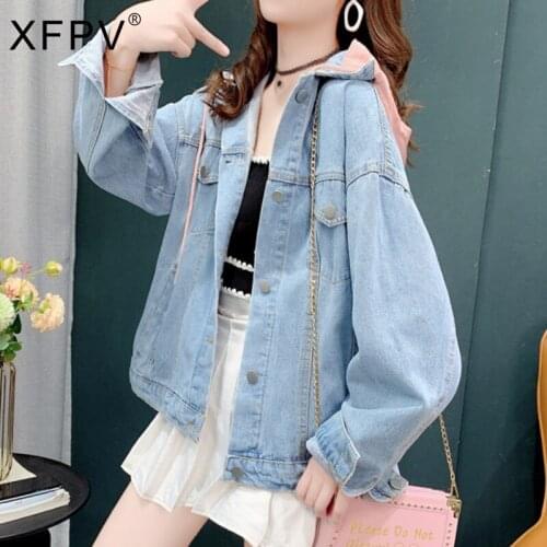 XFPV 2021 Autumn Winter New Fashion Print Hooded Denim Jacket Womens Korean Patchwork Loose Casual Long Sleeve Coat Top SM446