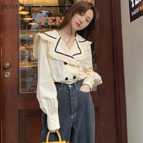 Shirts Women Vintage Patchwork Lantern Sleeve Sailor Collar European Style College Double Breasted Loose Casual Large Size Chic